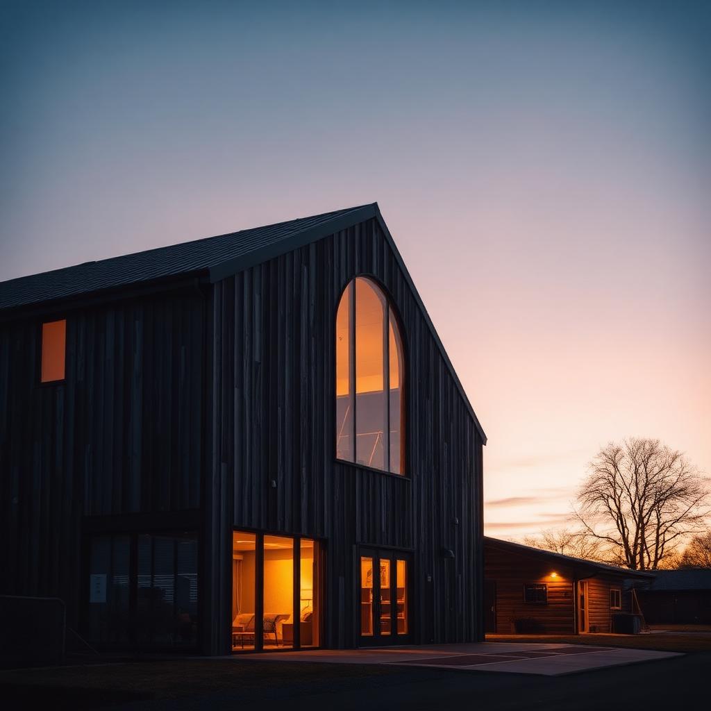 A converted barn office glowing at dusk